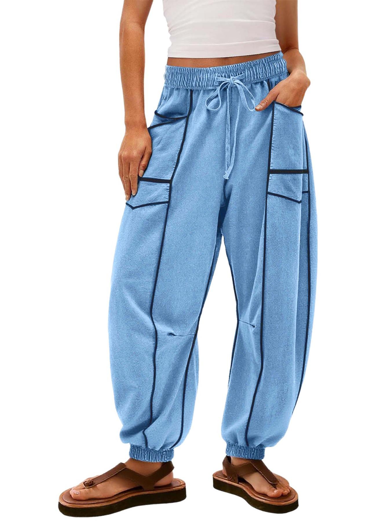 Women's New Loose Wide Leg Pants, Casual Drawstring Elastic Waist, Large Pockets, European Style Ladies Fashion Bottoms