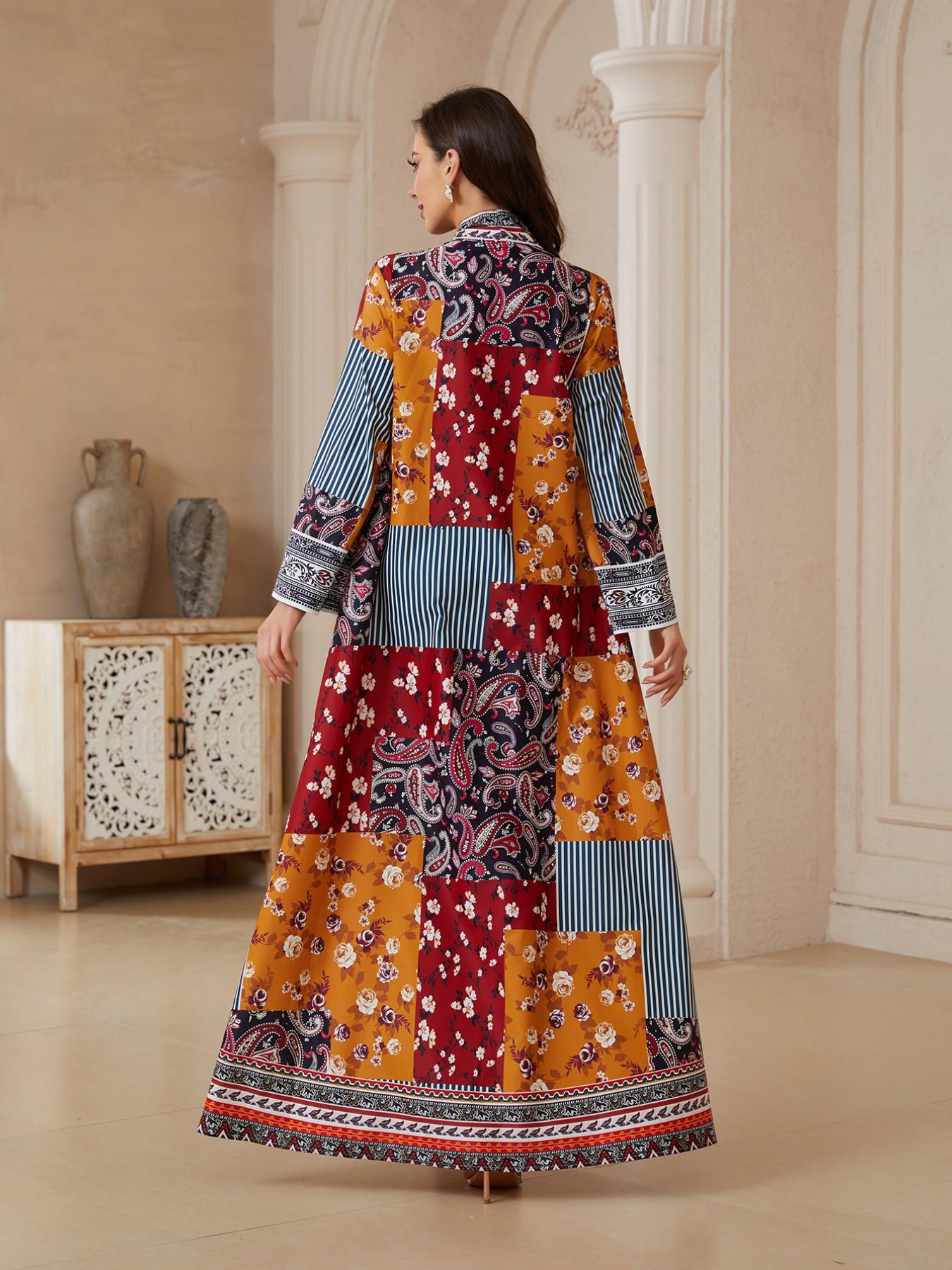 Middle Eastern Ramadan Eid Abaya, Colorblock Floral Cashmere Long Robe, Dubai Style Ethnic Koftan, Traditional Women's Dress