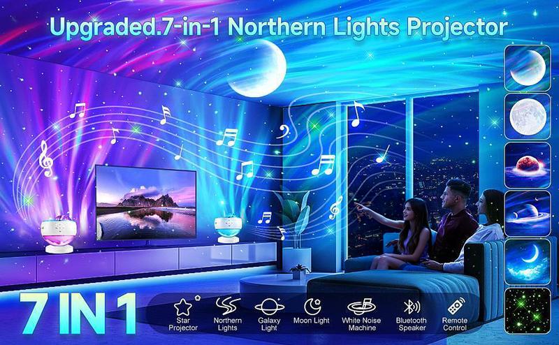 One Fire Northern Lights Projector,16Color Galaxy Projector for Bedroom, 15 White Noise Galaxy Projector, 5Moon Star Projector, Bluetooth  ambient  Light Projector, Remote Timer Star Lights Audio mood lighting aurora living room Night Light Kids