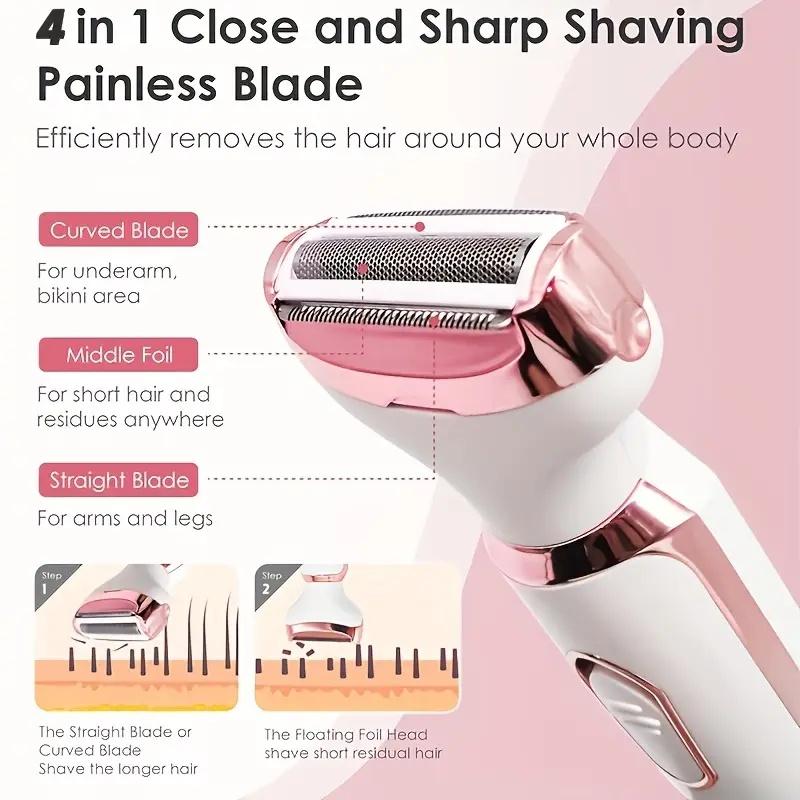 4-in-1 leg electric shaver, women's rechargeable electric hair removal device, multifunctional beauty set, foot exfoliator, body hair removal device, shaver and massager, bikini trimmer, men's and women's armpit hair shaver
