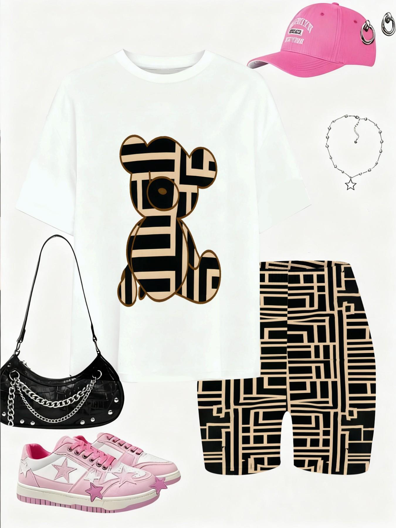 Girls Geometric Stripe Bear Print Short Sleeve Set Summer Trendy Kids Casual Biker Shorts 2Pcs