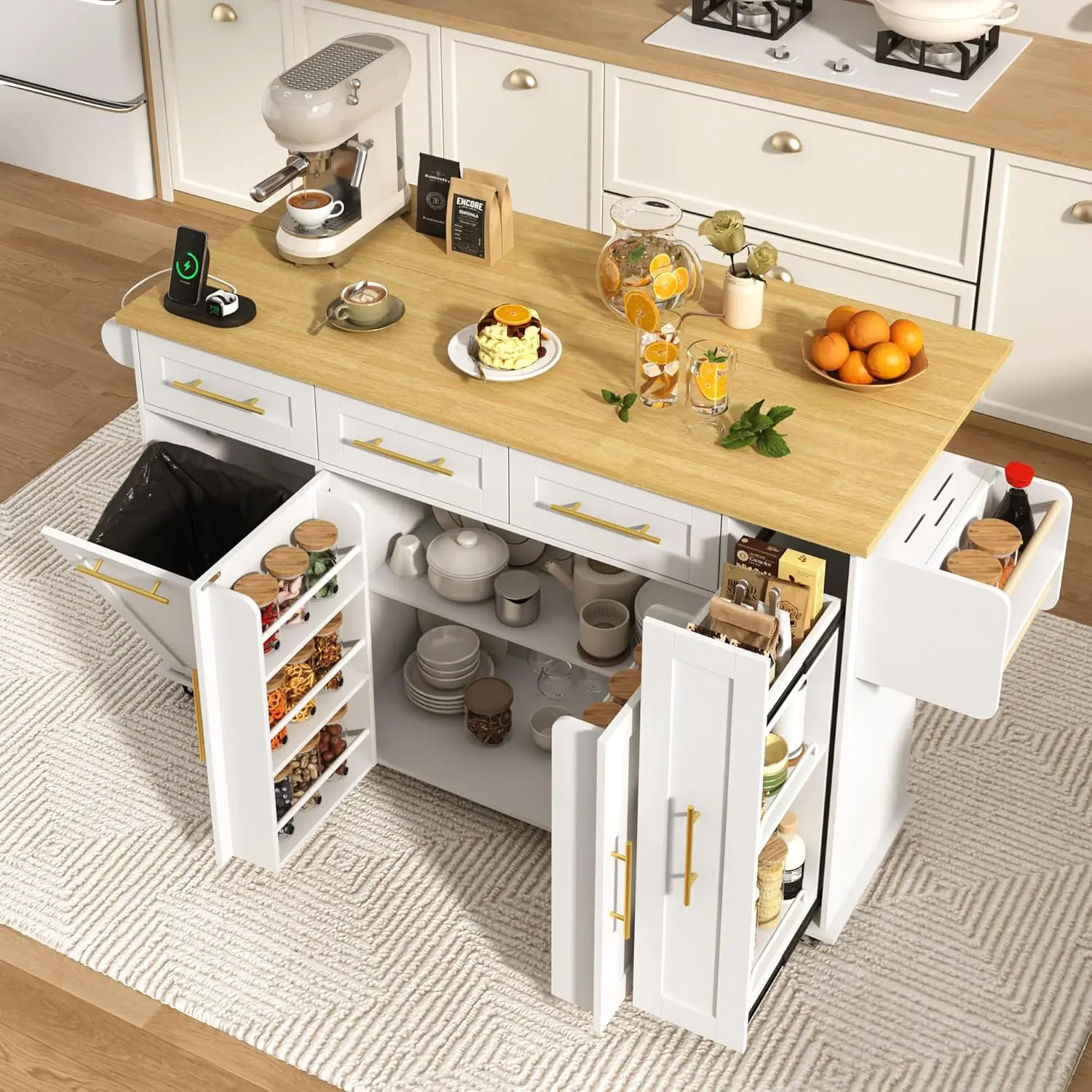 69"/63" Large Kitchen Island on Wheels, Kitchen Rolling Island Cart with Trash Storage Cabinet, Power Outlet, 3-Tier Pull-Out Storage Trays, Drop Leaf, Mobile Island Table for Kitchen, Black/White