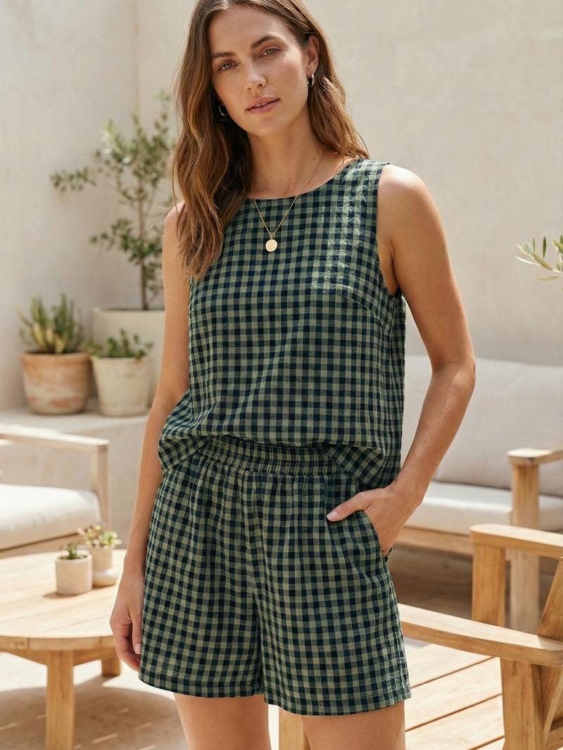 Women's Summer Plaid Crop Top Set, Elastic Waist Pocket Shorts, Casual Loose Fit Beach Vacation, Comfortable Daily Wear