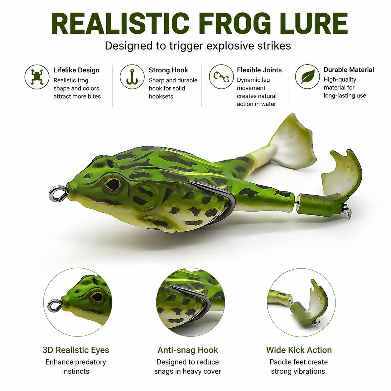 2026 Premium Topwater Frog Fishing Lure – Silicone Floating Bass Bait with Dual Propeller Legs, Lead-Free Construction, Realistic Multi-Jointed Design, 3.5 Inches / 13 Grams, Ideal for Freshwater Bass and Snakehead Angling in Weedy or Lily Pad Habitats