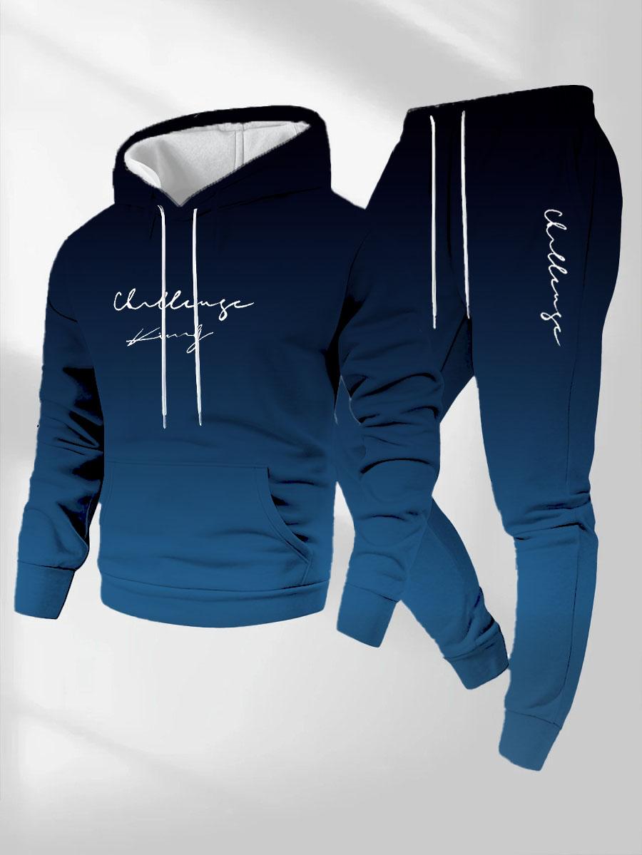 2-pack Men's Casual Suit, Gradient Blue and Black, Letter Print Hoodie and Sweatpants, Autumn and Winter Fashion
