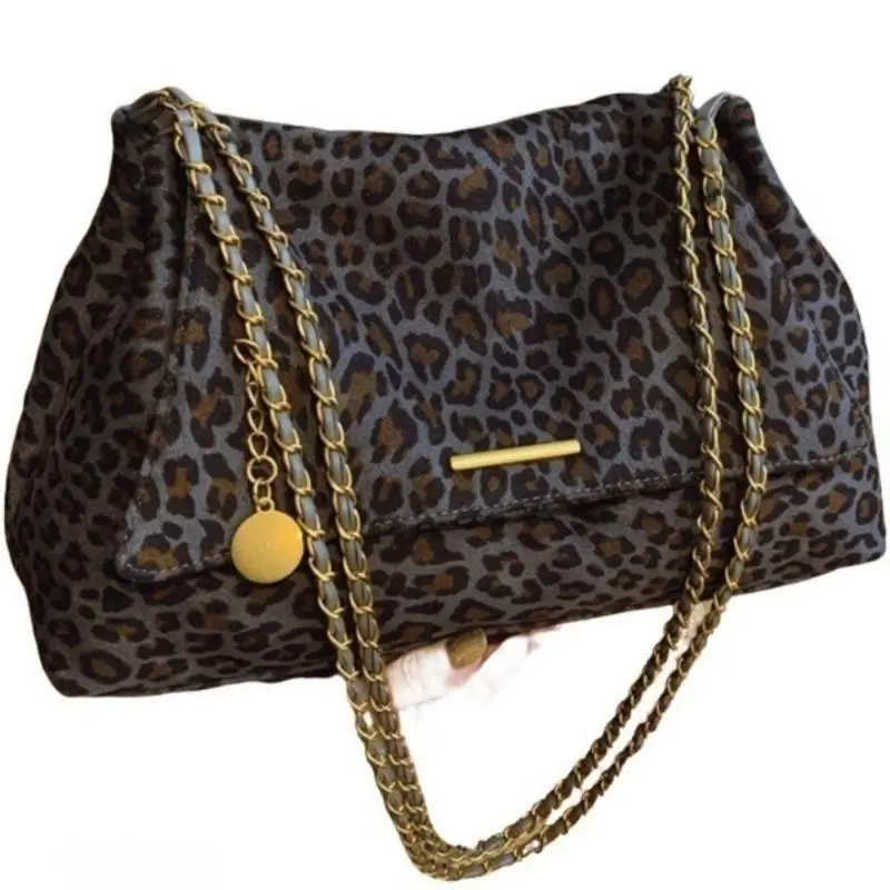 Faux Suede Leopard Print Shoulder Bag for Women - Large Capacity Tote Bag with Chain Strap, Soft Daily Commute Handbag with Phone Pouch, Coin Purse & Cosmetic Bag