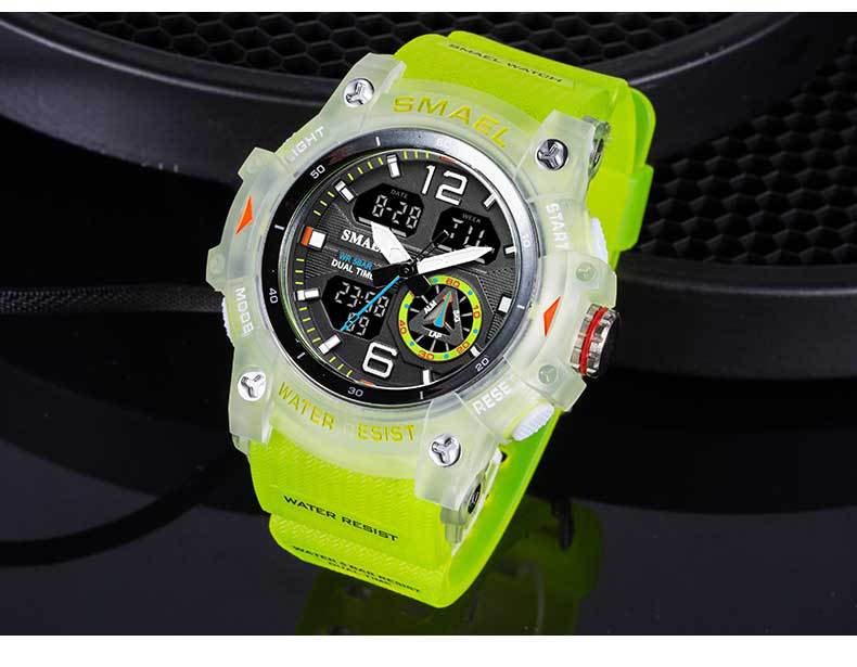 Unisex Modern Translucent Digital-Analog Sports Watch - 50mm Large Round Plastic Case, PU Leather-Polyurethane Strap, Luminous, 50M Water Resistant for Swimming, Showering, Large Size