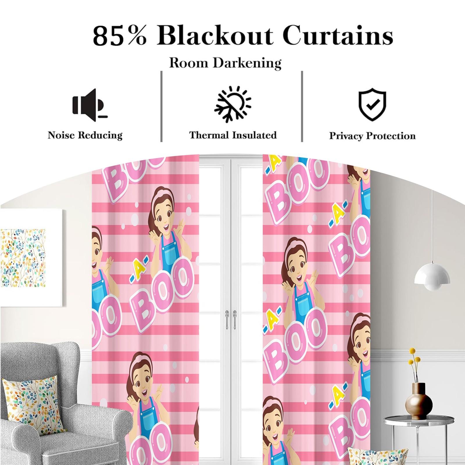 Pink Striped Peek-A-Boo Cartoon Character Blackout Curtain 2Pcs/Set, No Drill Rings, Washable Polyester Fabric, Suitable for Bedroom Living Room Kids Room Decor, Insulation, UV Protection, Best Gift