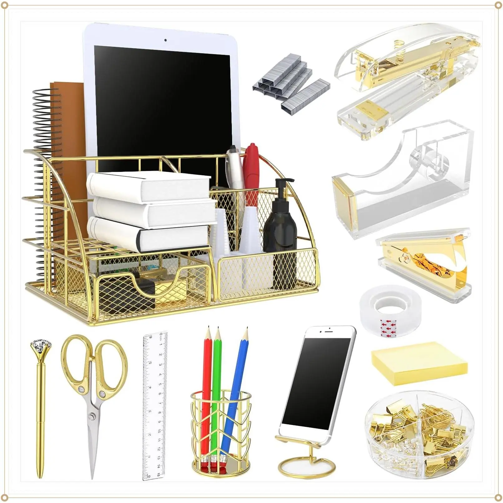 Gold 13-Piece Office Desk Organizer Set with Acrylic Stapler, Staple Remover, Clips, Scissors, Phone Holder, Pen & Pen HolderGift