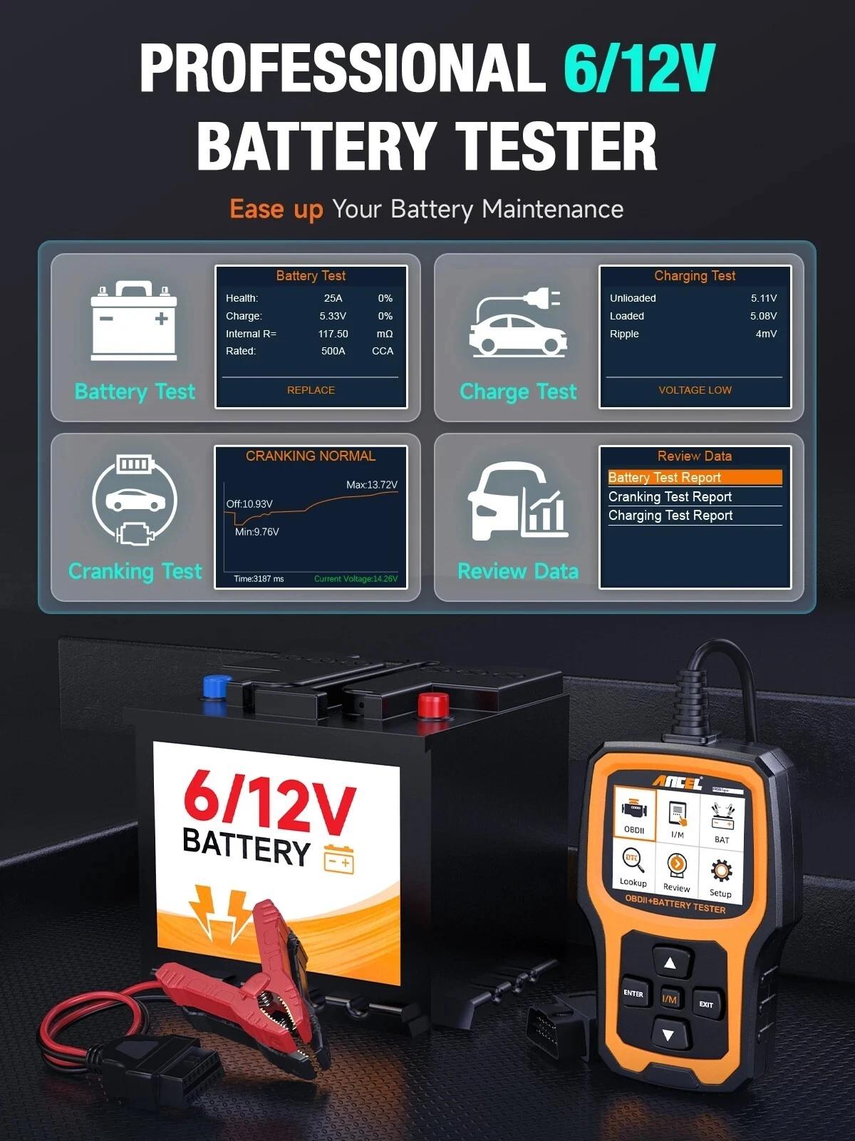 ANCEL AD410 Pro OBD2 Scanner Battery Tester, Automotive Diagnostic Tool 2 in 1 Check Engine Code Reader, EVAP Test, Live Data, 6V 12V Battery Analyzer with Cranking & Charging System Test ANCEL AD410 Pro OBD2 Scanner Battery Tester, Automotive Diagnostic Tool 2 in 1 Check Engine Code Reader, EVAP Test, Live Data, 6V 12V Battery Analyzer with Cranking & Charging System Test