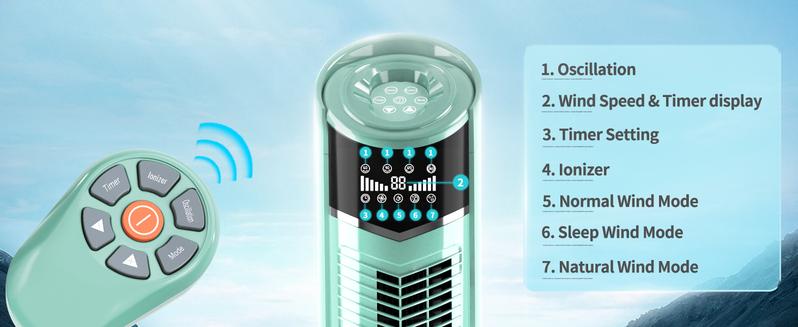 Antarctic Star Tower Fan 360°Oscillating Fan Quiet Cooling 24H Timer Remote Control Powerful Standing 8 Wind Speed 3 Wind Modes Ionizer Mode Bladeless Portable LED Display,Bedroom Office 47-Inch Green