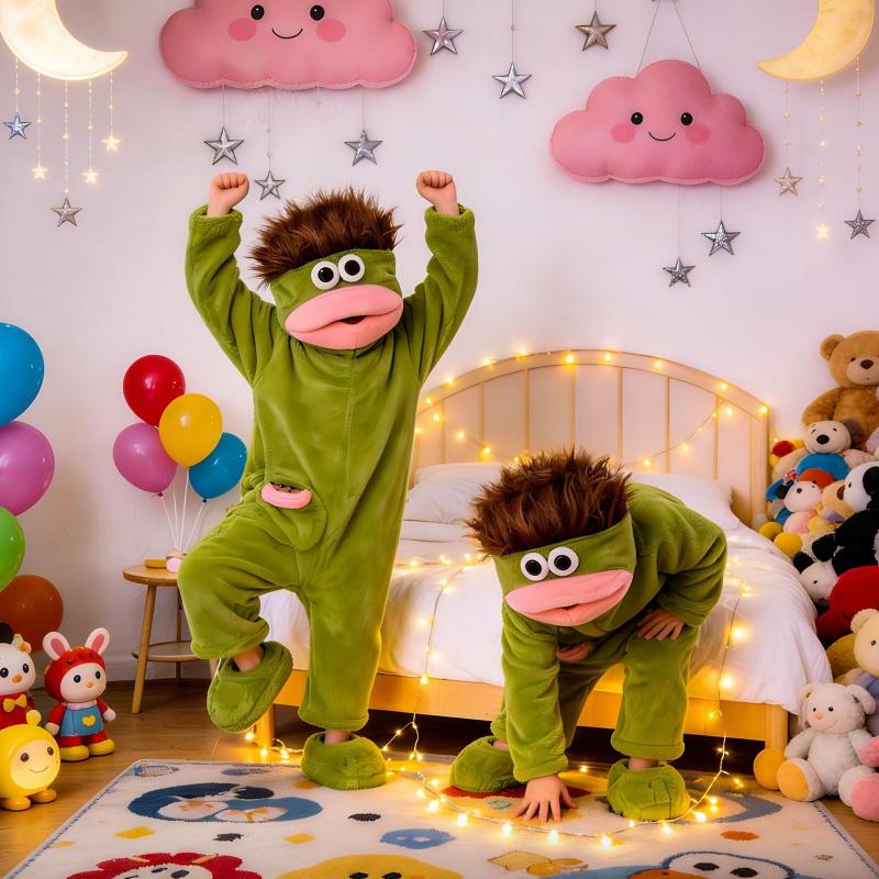 Funny Onesie Party, Comfortable Hooded Flannel Pajama Set, 3-Piece Includes Pajamas Comb Shoe Covers, Cute Monster Design