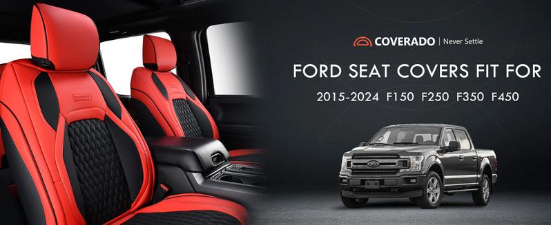 【Coverado】Ford F150 Car Seat Covers Full Seats, Full Coverage red Pickup Truck Seat Covers Waterproof Leather Car Seat Protectors for Leather Seats for Ford F150 2015-2024 2017-2024 F250 F350 F450 year warranty full coverage pick-up BlackFriday Vehicle