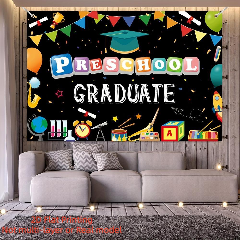 2D Flat Banner Class of 2026 Preschool Graduate Backdrop, Vinyl School Ceremony Decor with Congrats Text, Balloon & Diploma for Kindergarten Pre-K Graduation
