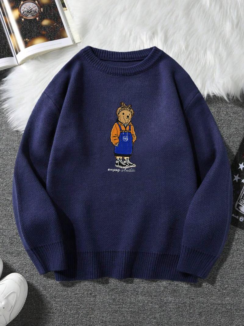 Cartoon Bear Detail Crew Neck Sweater, Casual Loose Long Sleeve Jumper for Fall & Winter, Fashion Ladies' Knitwear for Daily Wear