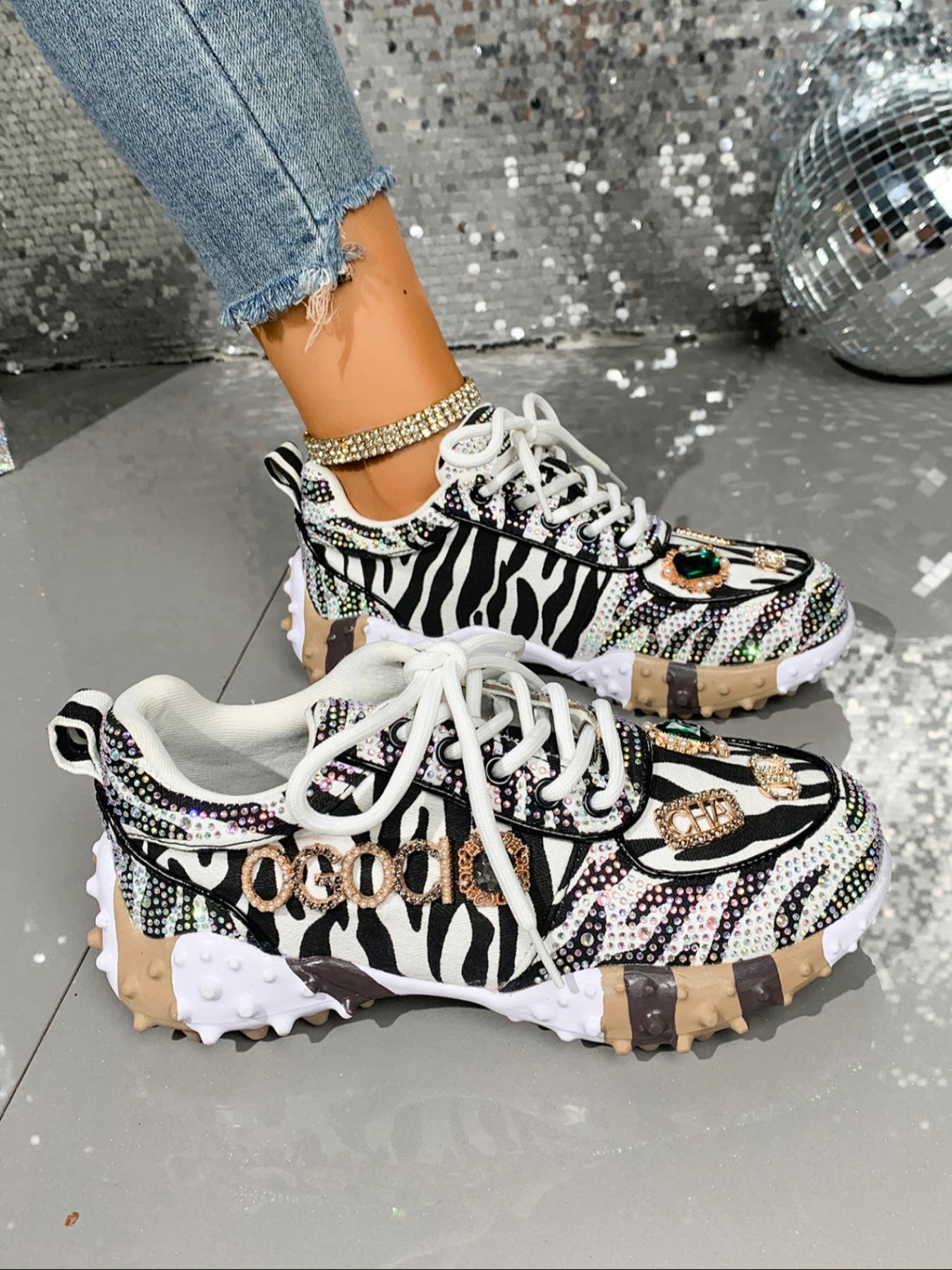 Women's Thick Sole Sport Shoes with Rhinestone Details, Fashion Casual Sneakers, Trendy Zebra Color Block Design, Daily Wear, Thick Soled Sneakers, Trendy Walking Sneaker