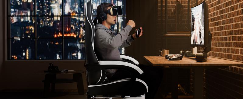 SUIKDA Ergonomic Gaming Chair with 360° Swivel and Footrest PU Leather Office Chair Features Memory Foam Headrest and Lumbar Support to Relieve Back Pain