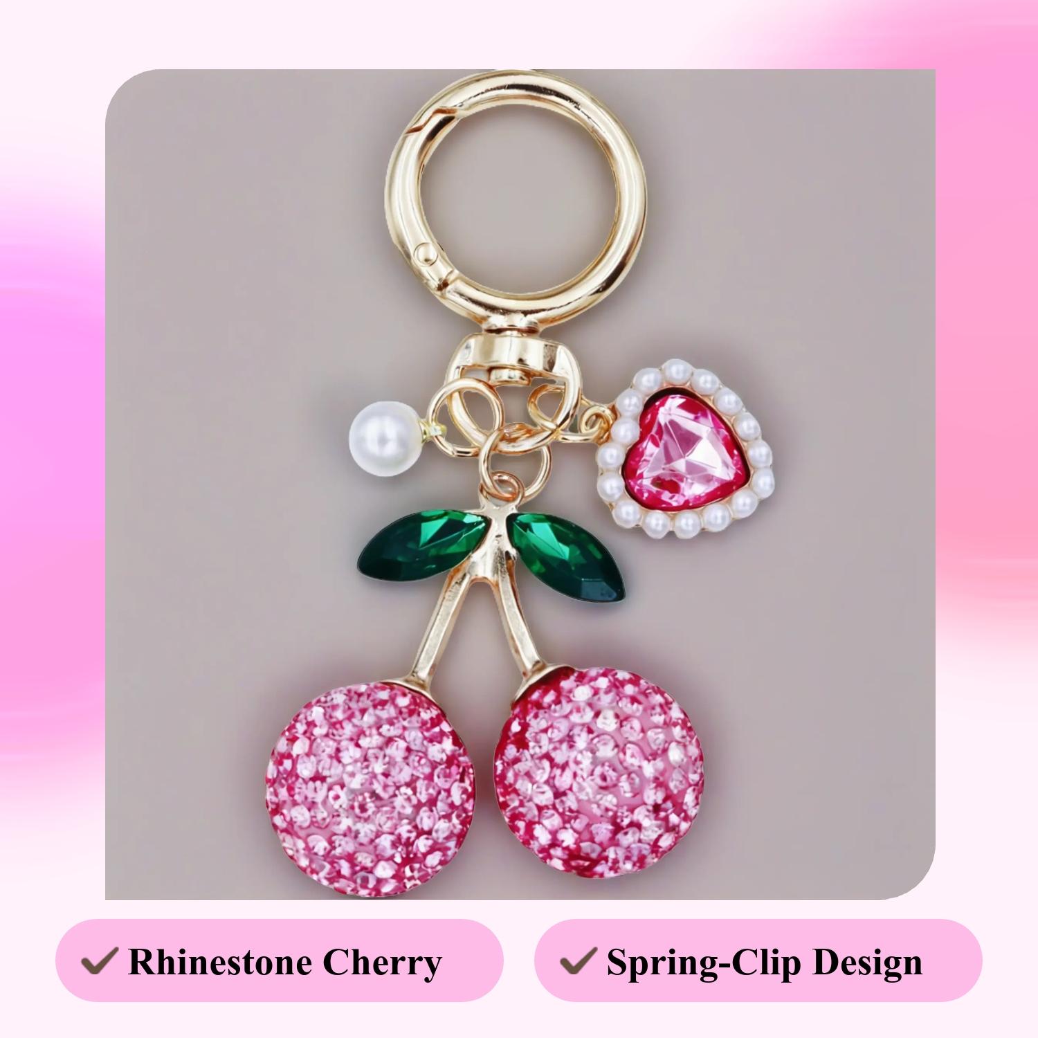 Full-Rhinestone Cherry Bag Charm Pearl-Edged Heart Spring-Clip Design Sweet & Girly Style Exquisite And Magnificent Instagram-Style Gentle Vibes For Bags, Keys, And Earphone Cases Bag Charms Accessory