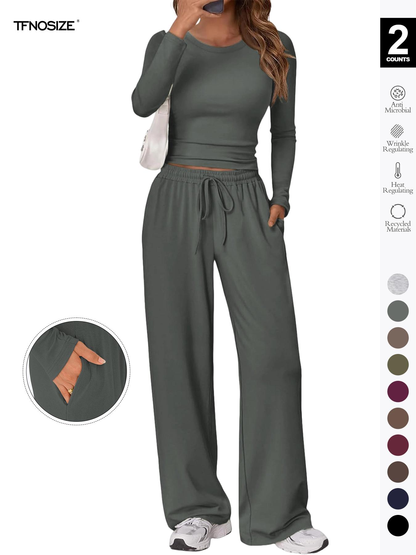 Women's 2 Piece Matching Loungewear Set, Long Sleeve Slightly Crop Fitted Top & Wide Leg Drawstring Pants, Casual Sweatsuit for Fall & Winter