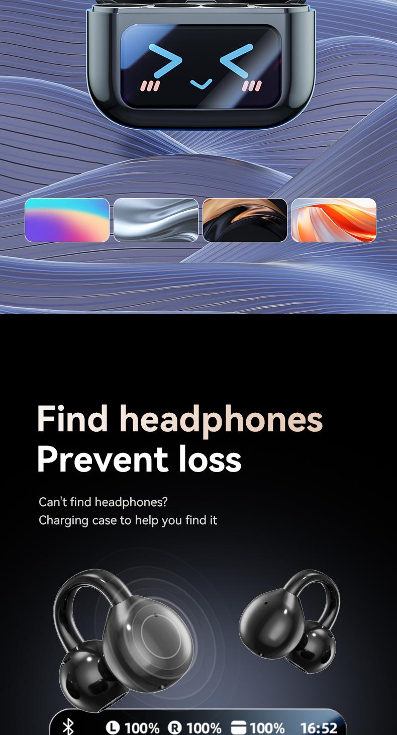 PIXNMO Clip On Ear Headphones with LCD Full Color Touch Screen, Bluetooth 5.4 Waterpfoof Earbuds, Audio Wireless Headphones for Music & Phone Calls