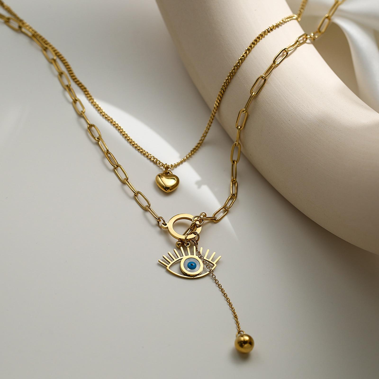 Women's Vintage Luxury Gold Evil Eye Bead Layered Titanium Steel Collarbone Chain, Sports & Outdoor Accessory