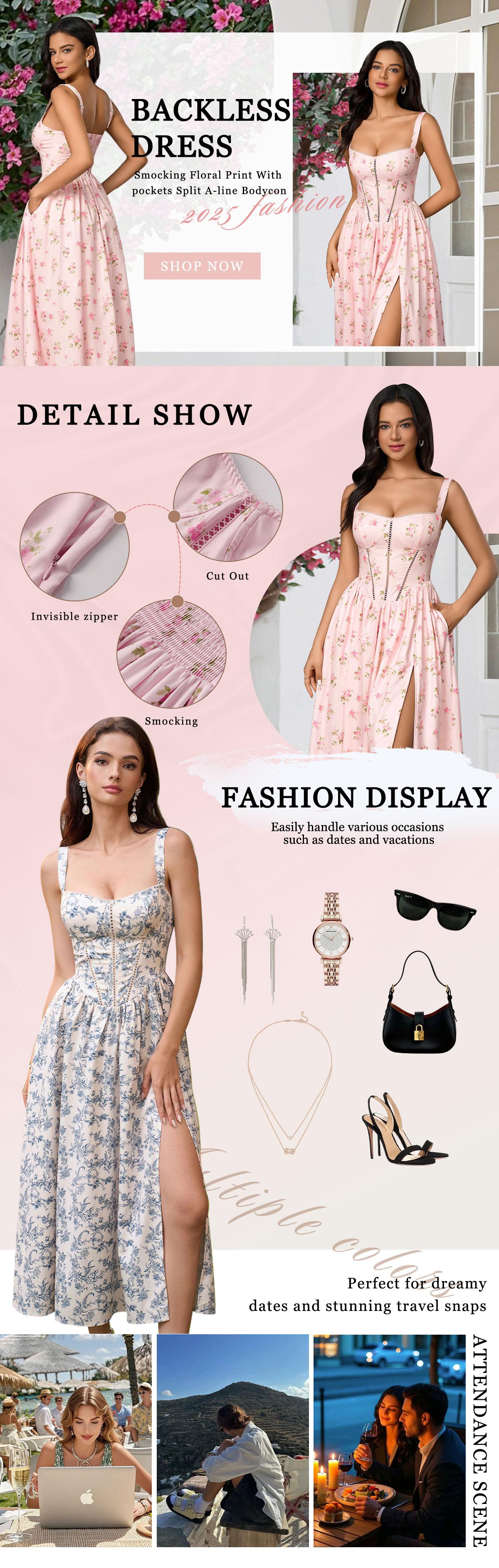 Backless Smocking Floral Print  With pockets Split A-line Bodycon Dress,Dresses for Summer Vacations and Casual Outings