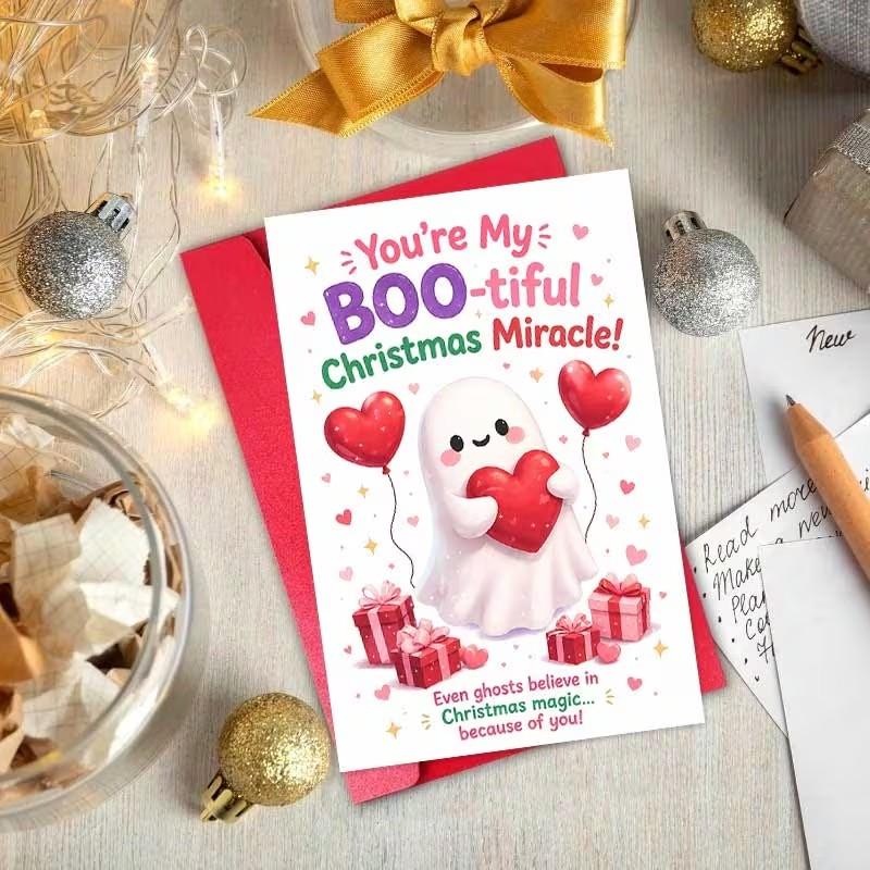 Adorable Christmas Greeting Card with Envelope, Cute Ghost Holding Heart, 'you Are My Beautiful Miraculous' for Partner, Festive Cartoon Style