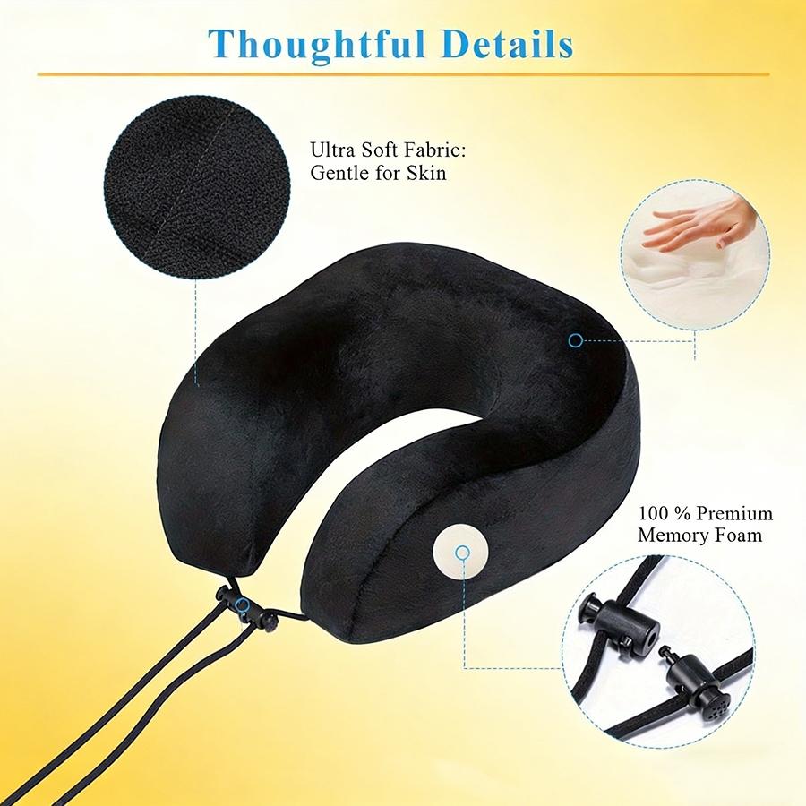 Travel Essential Memory Foam Neck Pillow, Adjustable Ergonomic Cushion for Airplane Long Journey Office Nap Relax