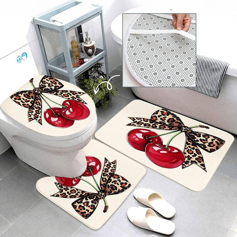 1/4pcs Leopard Print Cherry Bathroom Set, Beige Shower Curtain with Glossy Red Cherries, Matching Bath Mats & Toilet Cover - Playful Bold Design for Spring, Easter Decor, Modern Bathroom Upgrade