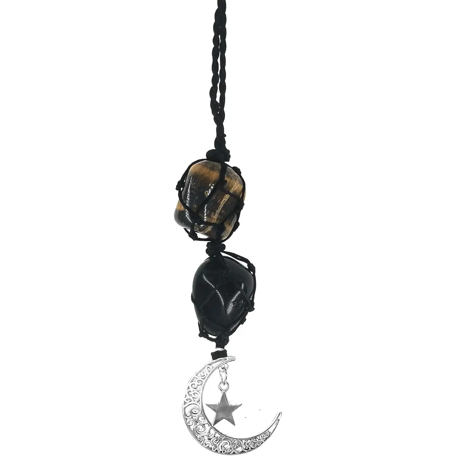 Tiger Eye-Obsidian Cute Boho Hanging Charm, Car Rear View Mirror Accessory with Moon Design for Women