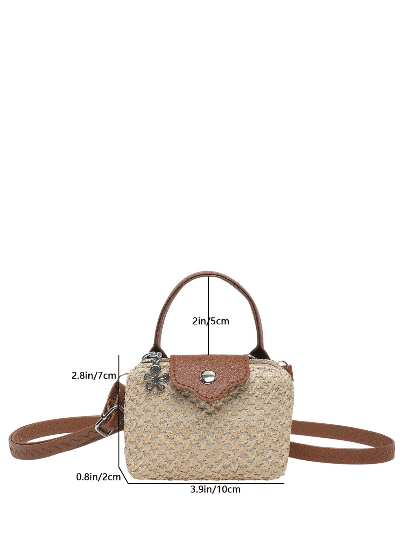 2026 New Straw Woven Leather Mini Bag, Flower Charm Handbag Crossbody Purse, Vacation Style Coin Purse, Fashionable and Stylish Accessory