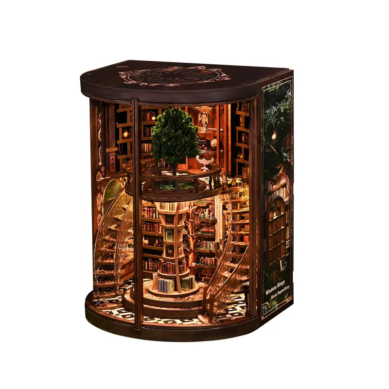 Wooden Bookshelf DIY Model Kit,Vintage Abstract Renaissance Style DIY Hut 3D Hand-Assembled Booklet Toy House,3D Puzzle Country Style Wooden Shelf Decoration with Acrylic Dust Cover,Miniature Dollhouse Kit, Victorian Style Wooden Dollhouse,Gift