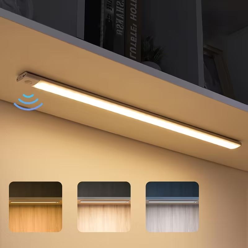 LED Motion Sensor Cabinet Light, USB Rechargeable, Anti-Glare Aluminum Alloy, Adjustable Three-Color Warm Closet Lamp, Wireless Magnetic Strip Nightlight