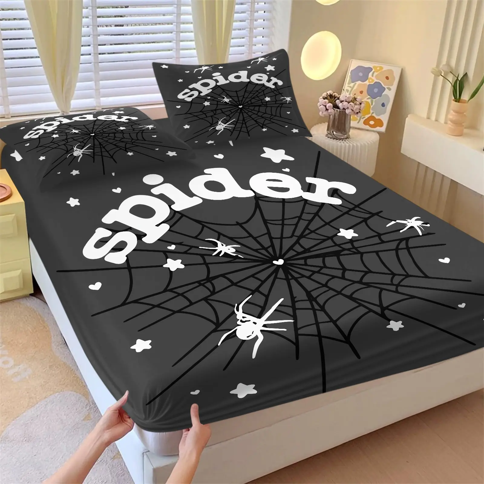 Dark Spider Web Spider Letter Fitted Sheet Set & 2 Pillowcases, Black Base White Spiderweb Lines Cartoon Spider Star Print Bedding, Soft Non-Slip Deep Pocket, Sweet Cool Simpler Halloween Teens Bedroom Decor, Bed Linens