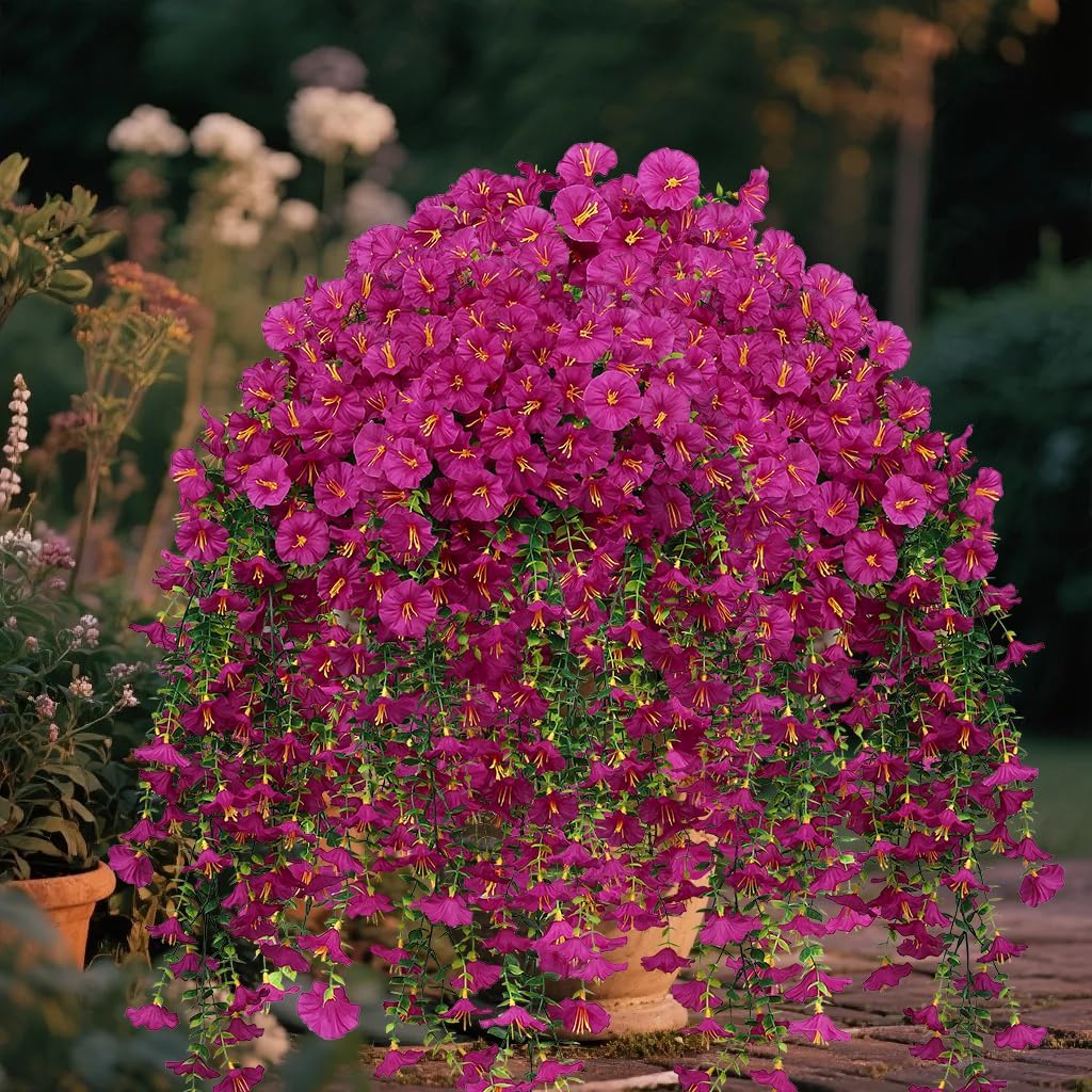 6 PCS Artificial Faux Hanging Flowers Plants for Outdoor Decor,Fake Silk Morning Glory with Eucalyptus UV Resistant Realistic Vines for Wall Home Porch Patio Balcony Yard Decor, Purple and Fuchsia, Artificial Flower Decoration