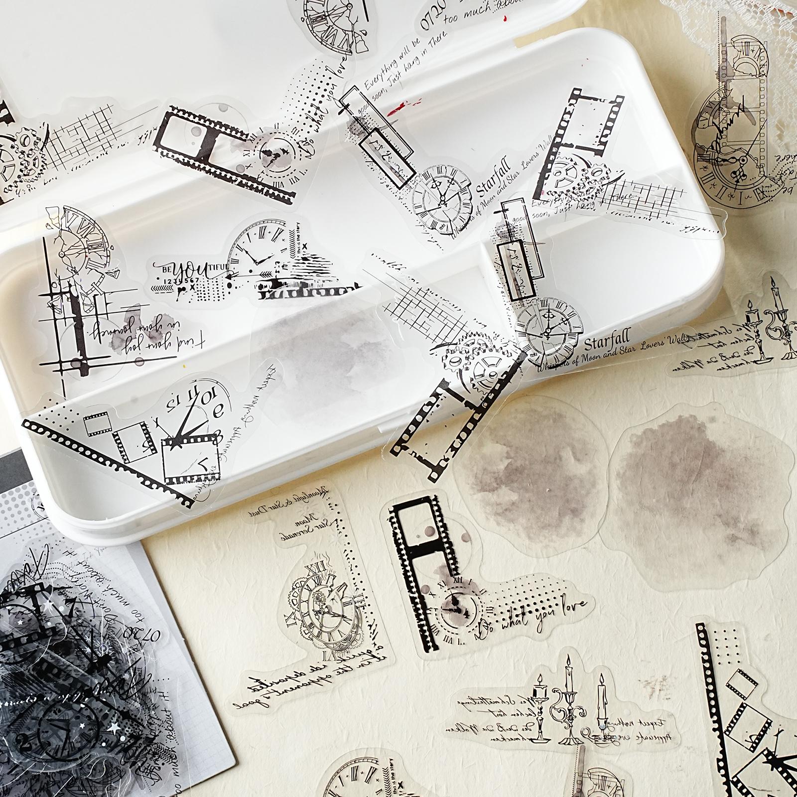 Etori Life 30Pcs Vintage Black and White Clock Film Phrase Stickers Light Retro Journal Decoration Stickers for Laptops, Phone Stickers, Suitcases, Office Decoration Accessories, Guitars, Photo Albums, DIY Crafts, Room Decoration, Card Making
