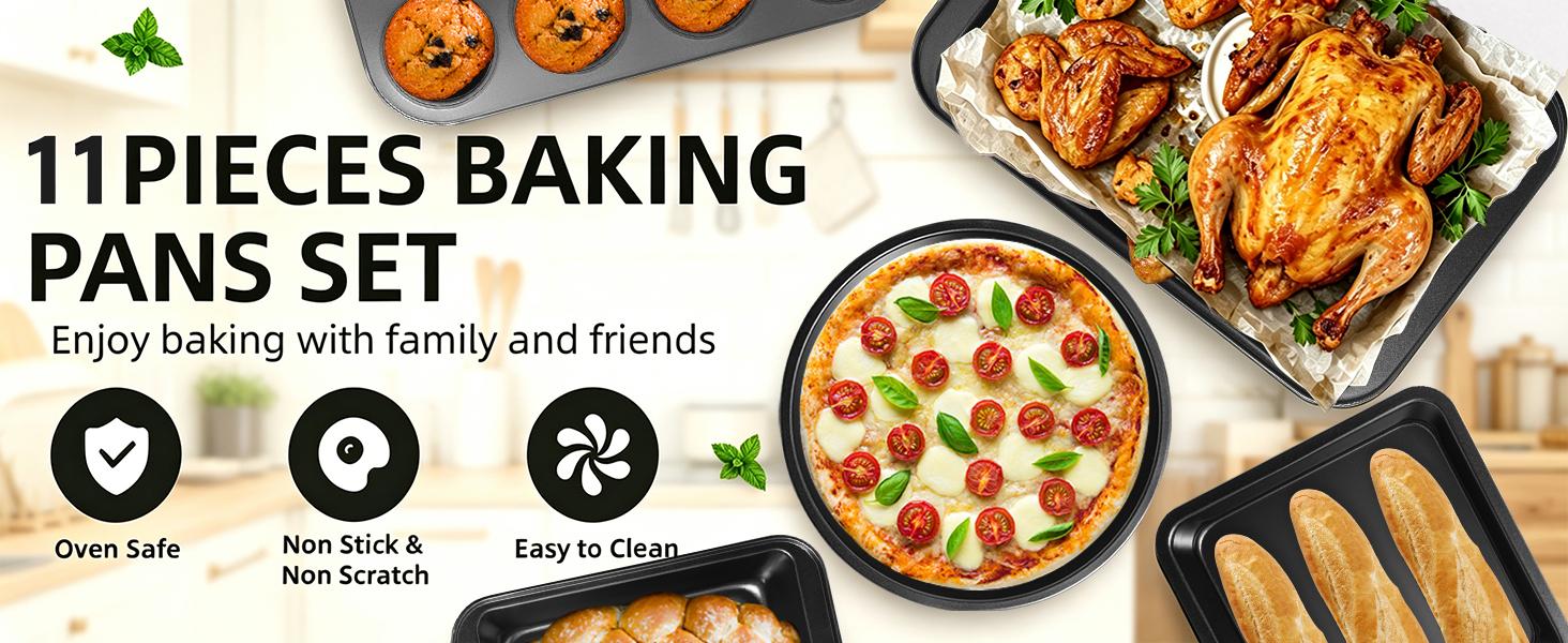 11-Piece Nonstick Baking Pans Set - Professional Grade Carbon Steel Bakeware with Premium Coating- Dishwasher Safe, Stackable, Oven Safe to 450 ° F (Black)