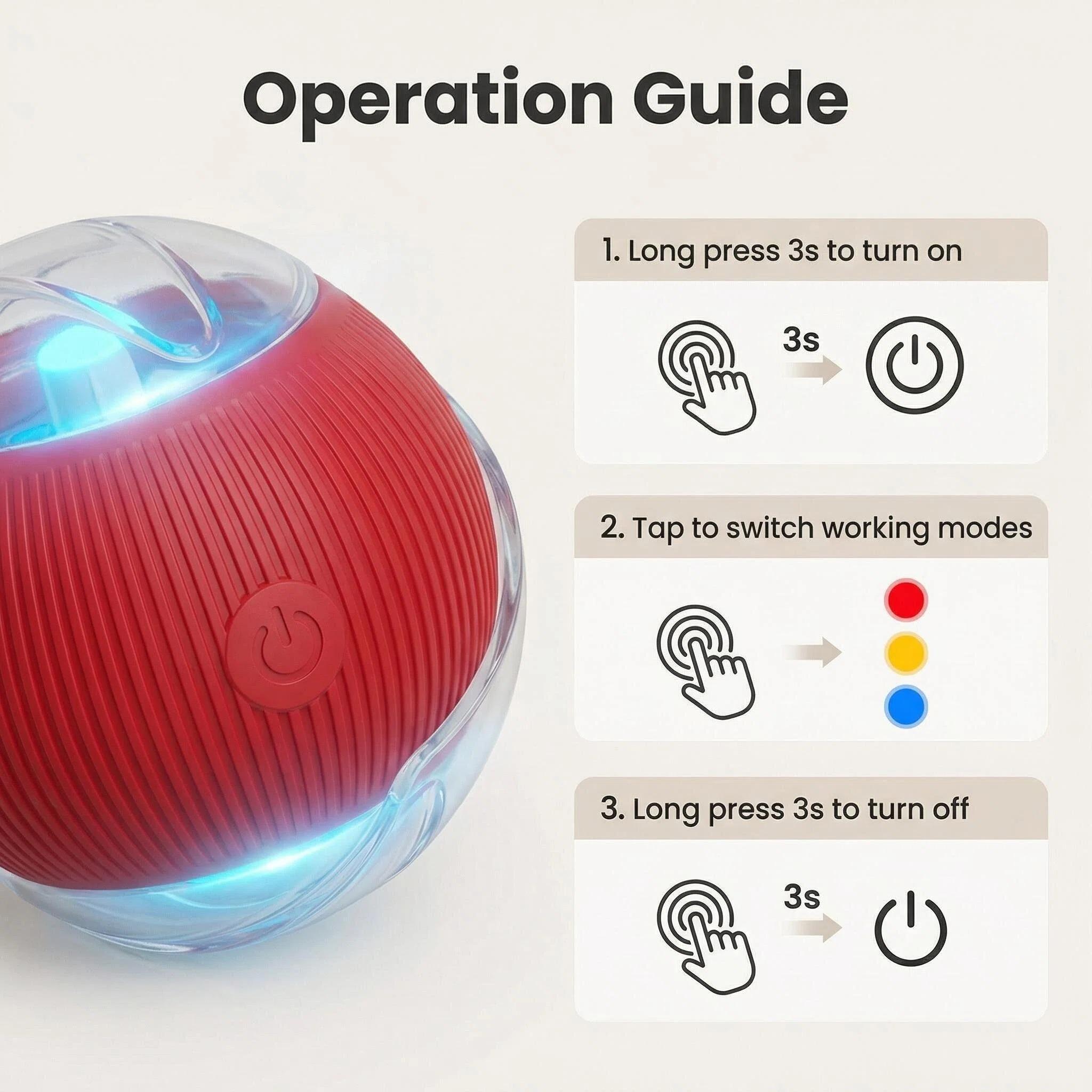 Automatic Self-Playing Pet Toy - Durable TPR Smart Ball with LED Light & Long Tail, Motion Activated Interactive Dog Cat Toy for Anxiety Relief, Silent Design for Home Use