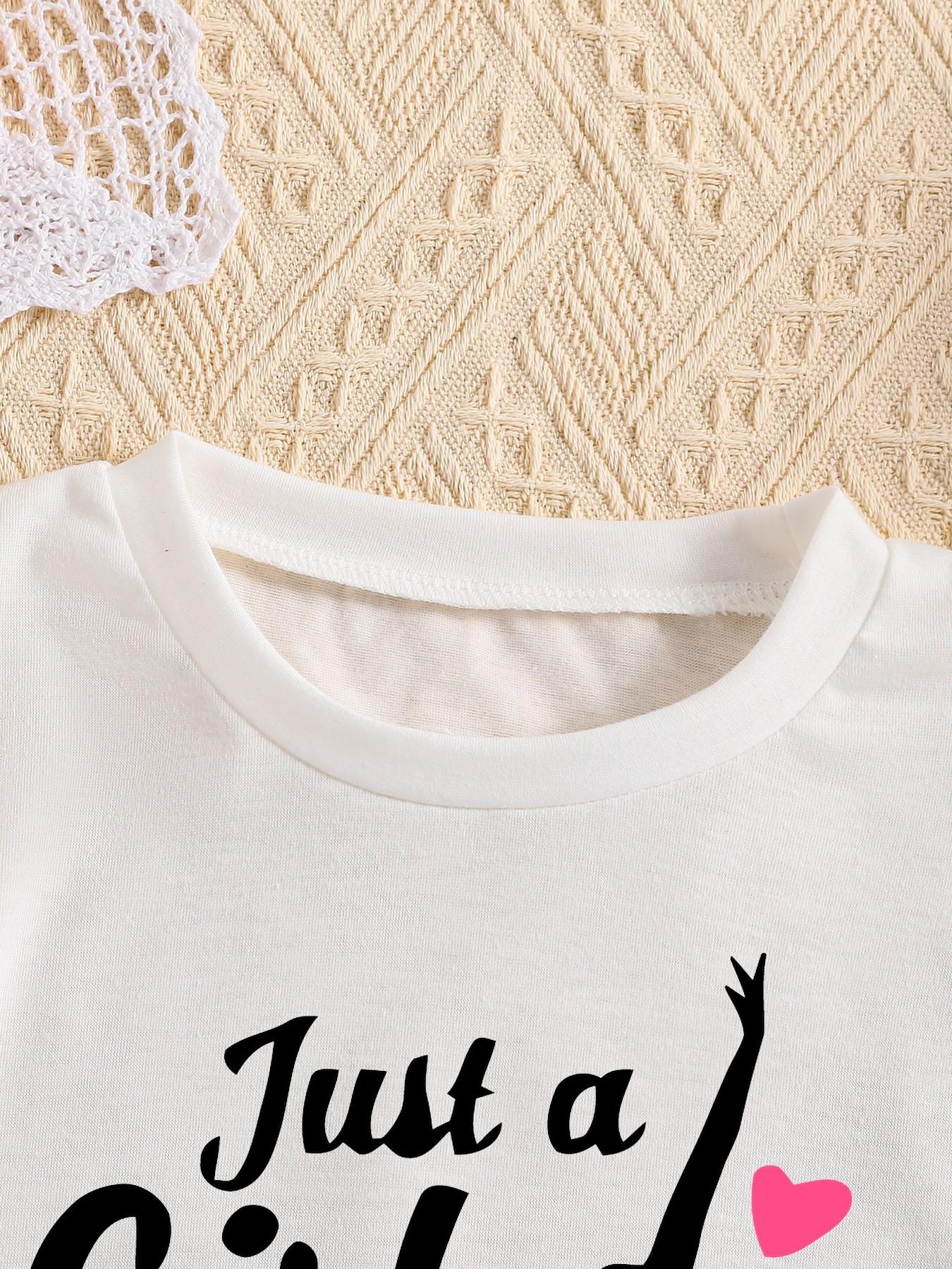 Summer Gym Lover Just a Girl Print Girls Short Sleeve T-Shirt, Cute Cartoon Pattern, Fitted Style, Casual Wear