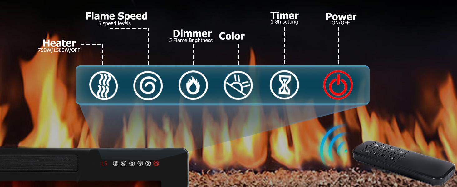 PUKAMI Floating Fireplace TV Stand 70'' Wall Mounted Shelf, LED Light Entertainment Center and Storage, Modern Wood Media TV Console with Highlight Cabinet for Living Room