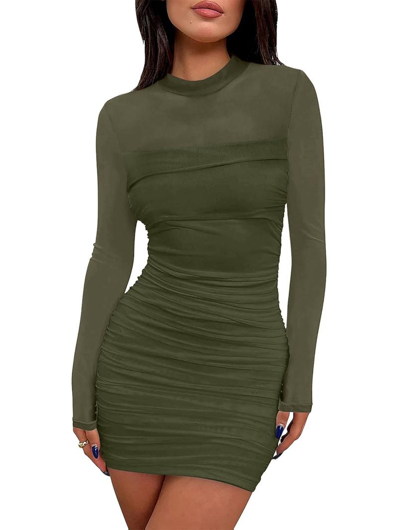 Women's glitter mesh semi-transparent long-sleeved pleated mini dress, sexy and slimming style, high neck design, suitable for cocktail parties or club gatherings