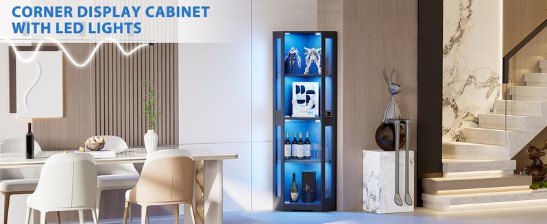 BROTTAR 65" Corner Glass Display Cabinet with LED Lights, 4-Tier Showcase Display Case with Glass Doors & Human Body Sensor for Collectibles, Toys, Liquor, Black/White