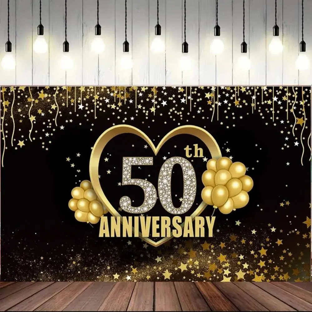 Happy 50th Anniversary Backdrop Banner Gold Them Balloon Man Woman Wedding Anniversary Party Decors Wall Background