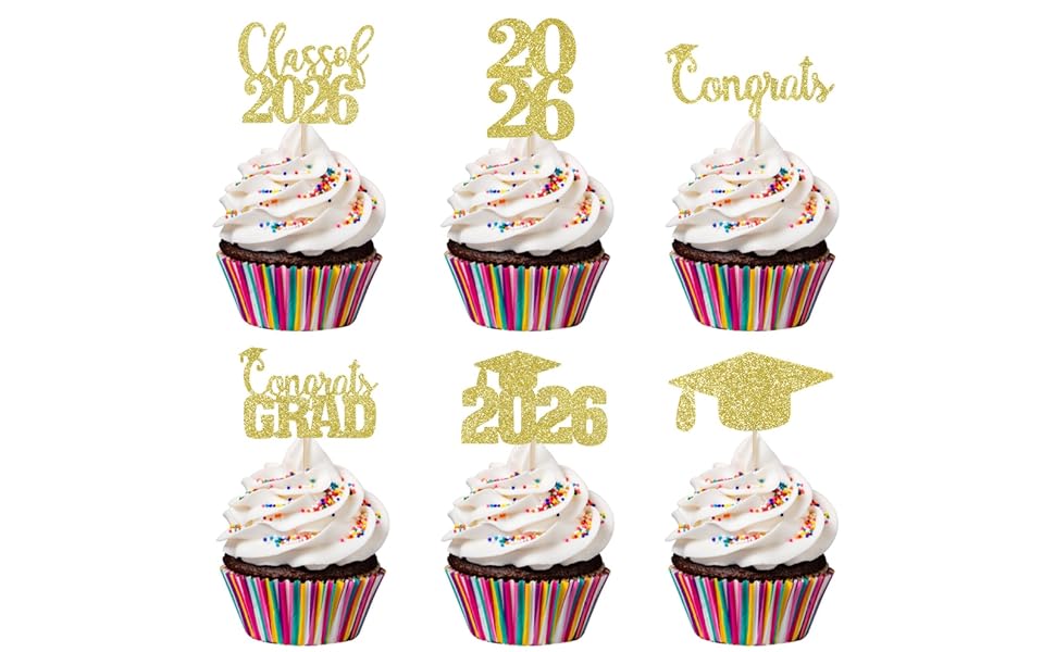 30Pcs Gold Glitter Graduation Cupcake Toppers 2026 Class Of 2026 Graduation Cupcake Toppers Picks 2026 for Gold 2026 Graduation Party Cake Decorations