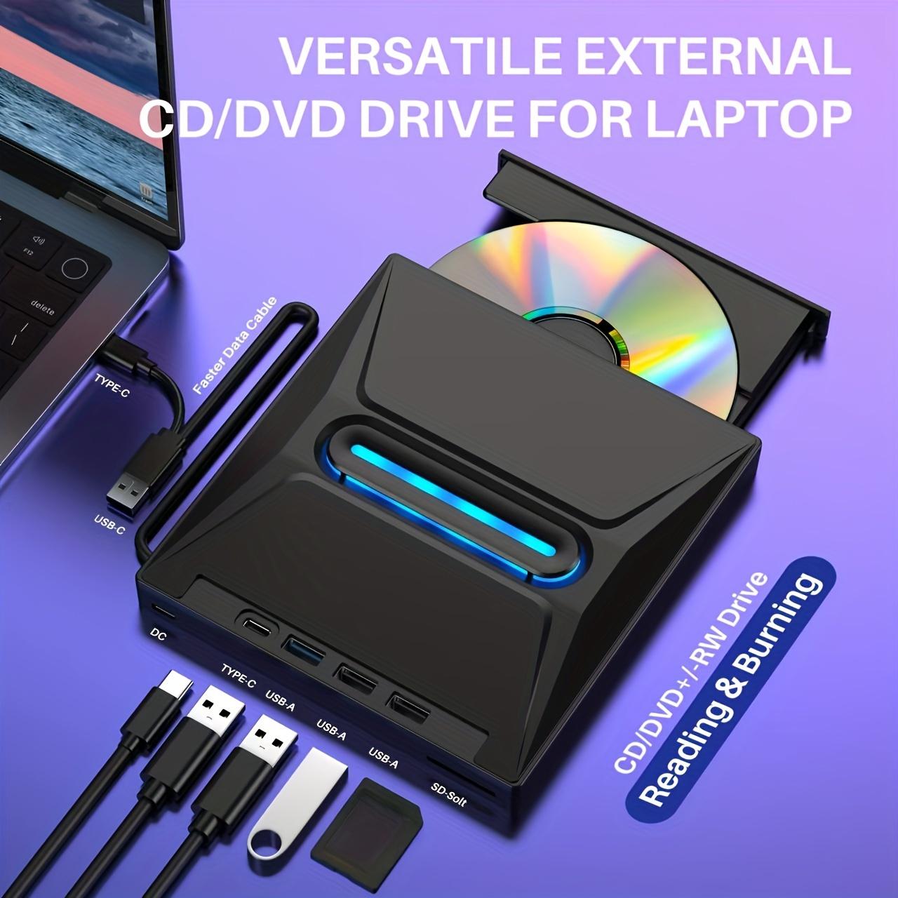 Upgraded Portable External CD DVD Drive, USB-Powered Type-C& USB 3.0 Multi-Function DVD+/-RW Writer/Burner with SD Card Reader, 3-Port USB Hub, Plug& Play for Windows, Linux, Apple OS