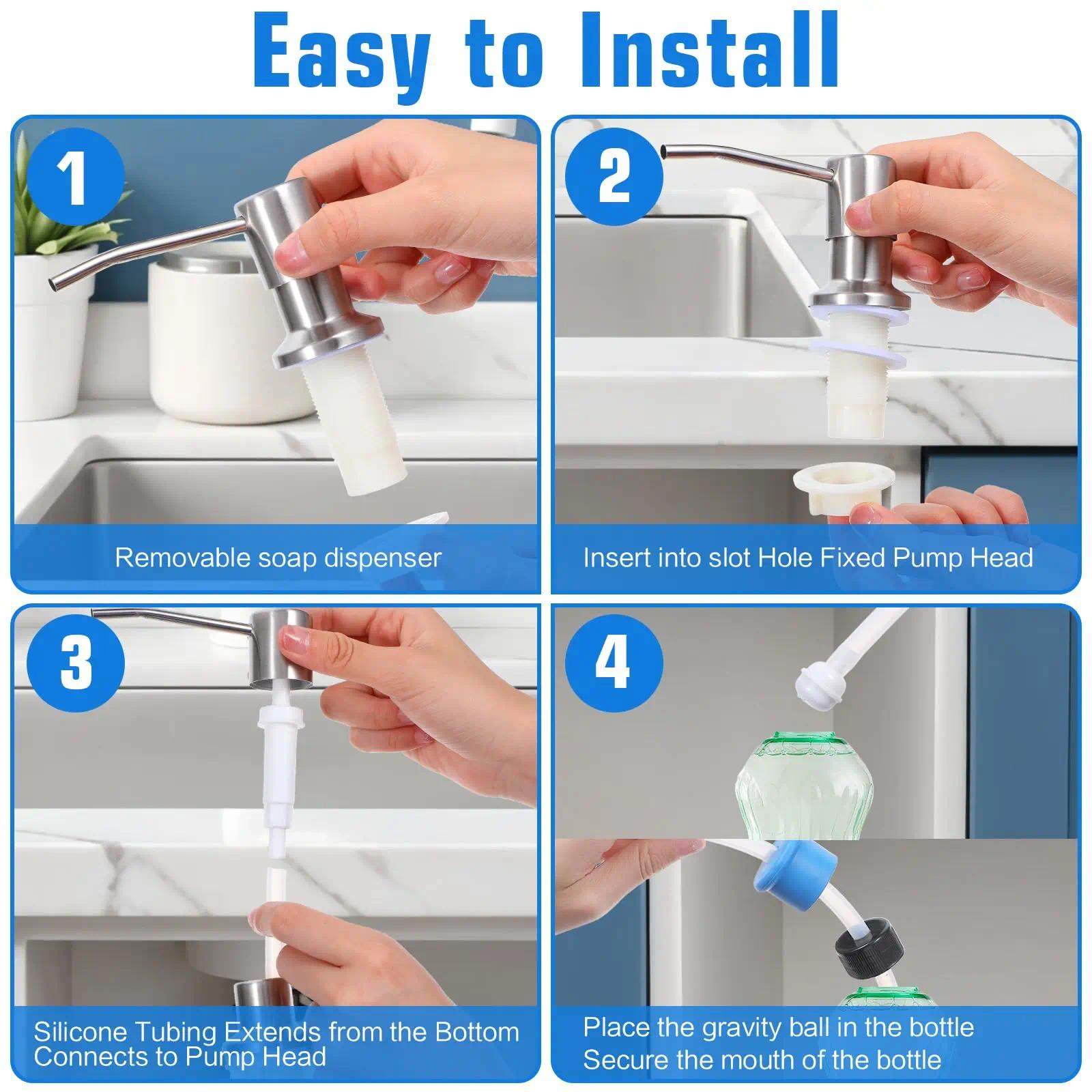 Dish Soap Dispenser for Kitchen Sink (Brushed Nickel), Dishwashing Dispenser, Liquid Soap Dispenser Countertop Sink Soap Dispenser Water Pump with 39" No-Spill Extension Tube Kit Design for Kitchen Bathroom, No More Refills （Sliver）