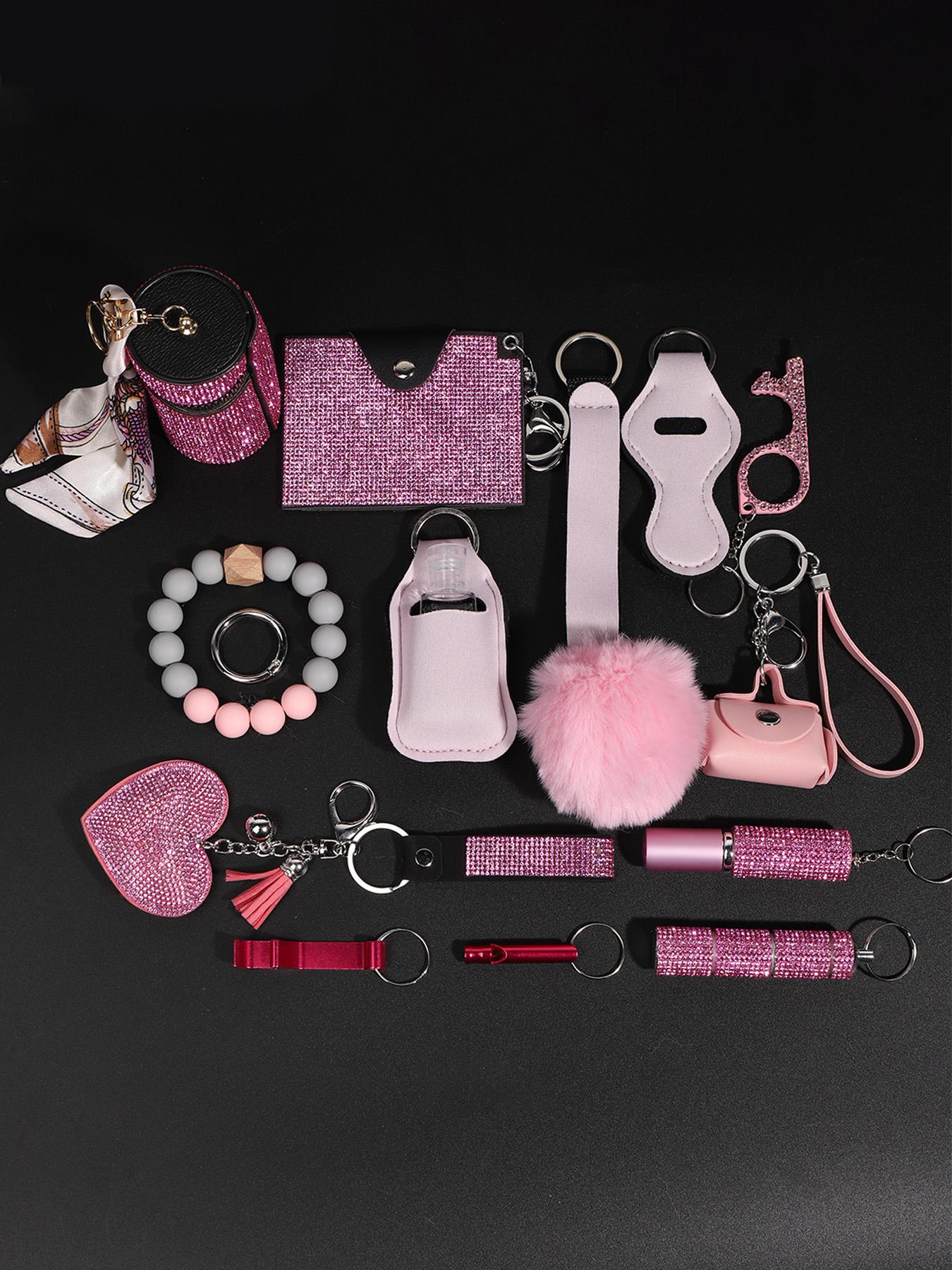 17 piece set shiny pink ladies rhinestone keychain suit wristband keychain with storage bag and pompom card bag accessories kit, keychain suit, key chain accessories, fashionable and strong material suitable for holiday, Keychain For Bags, Keychain Kawaii