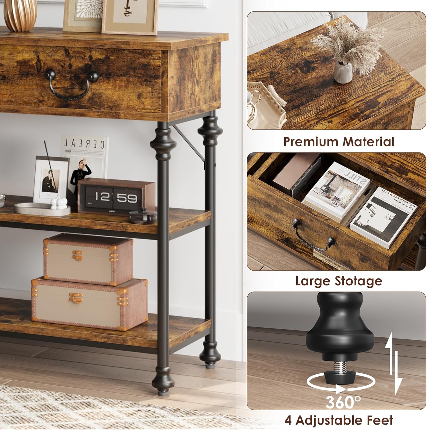 Multifunctional Entryway Table with 2 Drawers & Storage Shelves | Rustic Console Table for Living Room, Hallway & Sofa Area | Versatile Console Tables for Entryway & Home Decor