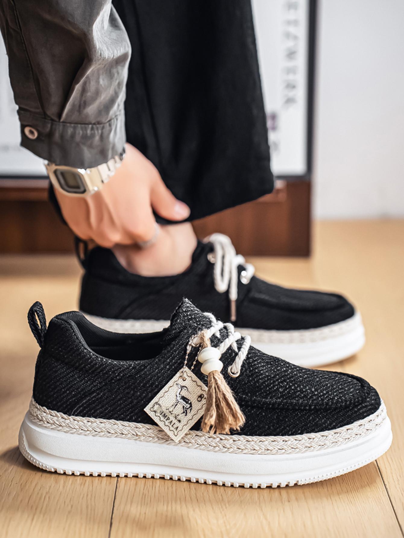 New Summer Men's Cotton Linen Shoes, Breathable Non-Stuffy, Straw Trim Fringe Design, Casual Retro Style, Perfect for Daily Wear