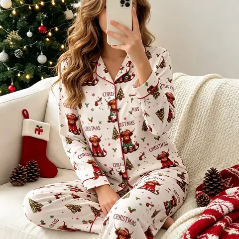 Women lapel long sleeve top & long pants pajama set, Christmas highland cow print, nice holiday vibe, wearable all seasons. 2-piece matching set for home rest and family festive photos.